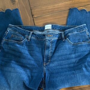 Crown and Ivy Women's High Rise Demi Boot Cut Dark Blue Jeans scalloped hem